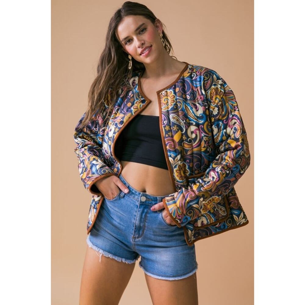 Flying Tomato Navy Large Small Paisley Quilted Puffer Jacket